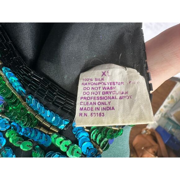 Patchouli Silk Jacket WMNS XL Black Green Blue Beaded Sequin Statement Coat Vtg - Picture 12 of 12